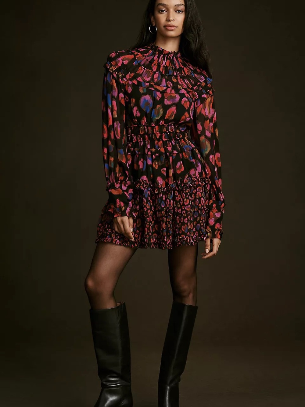 Farm Rio Iridescent Leopard Smocked High-Neck Long-Sleeve Mini Dress
